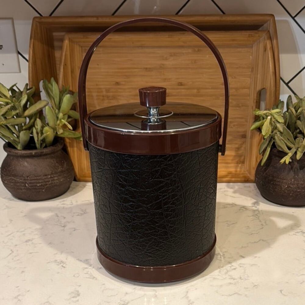 Vintage Atapco Brown Black faux leather ice bucket mid century modern masculine